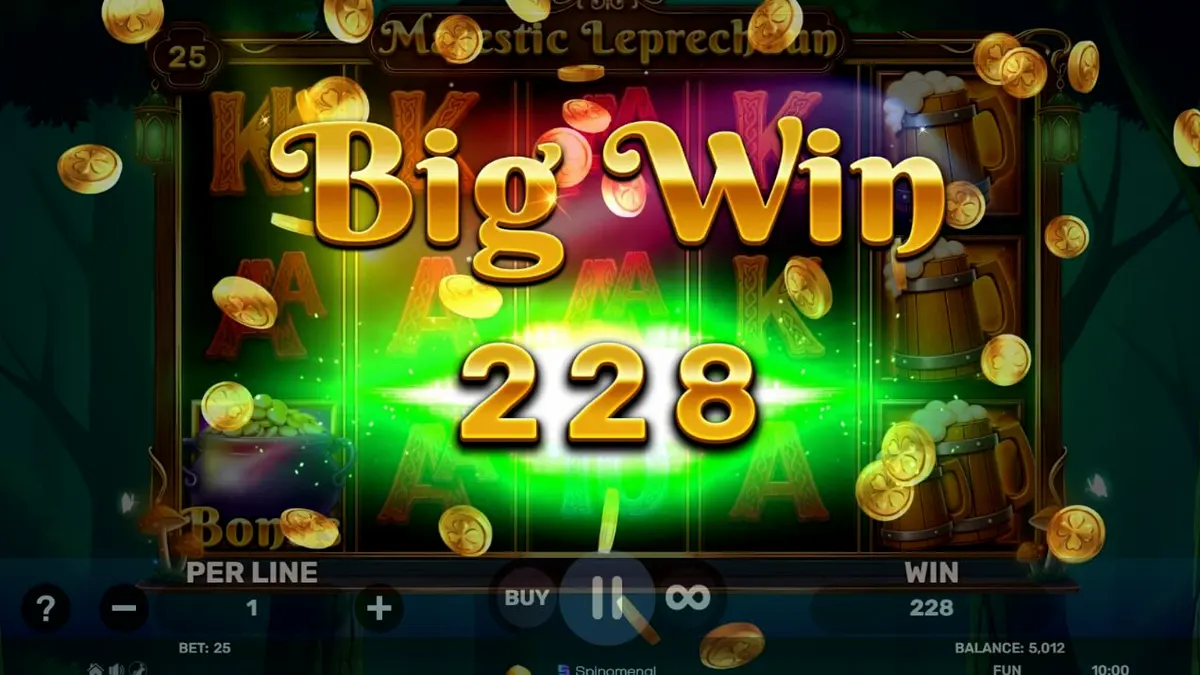 Majestic Leprechaun slot game interface showing Irish theme symbols