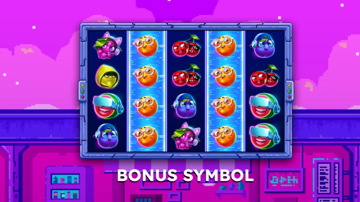 Tampilan visual retro dari slot Frooty Troupe dengan karakter buah piksel