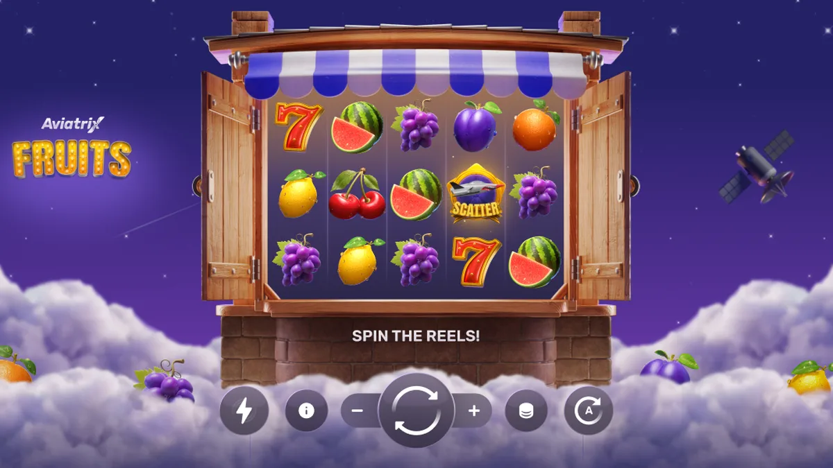 Tampilan layar gim slot Aviatrix Fruits dengan elemen pesawat kustom.